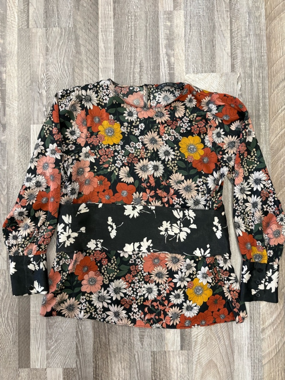 Zara Basic Floral Long-Sleeve Belted Blouse Medium